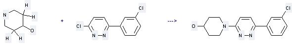 Pyridazine, 3-chloro-6-(3-chlorophenyl)- can be used to produce 3-(4-hydroxypiperidino)-6-(3-chlorophenyl)pyridazine by heating